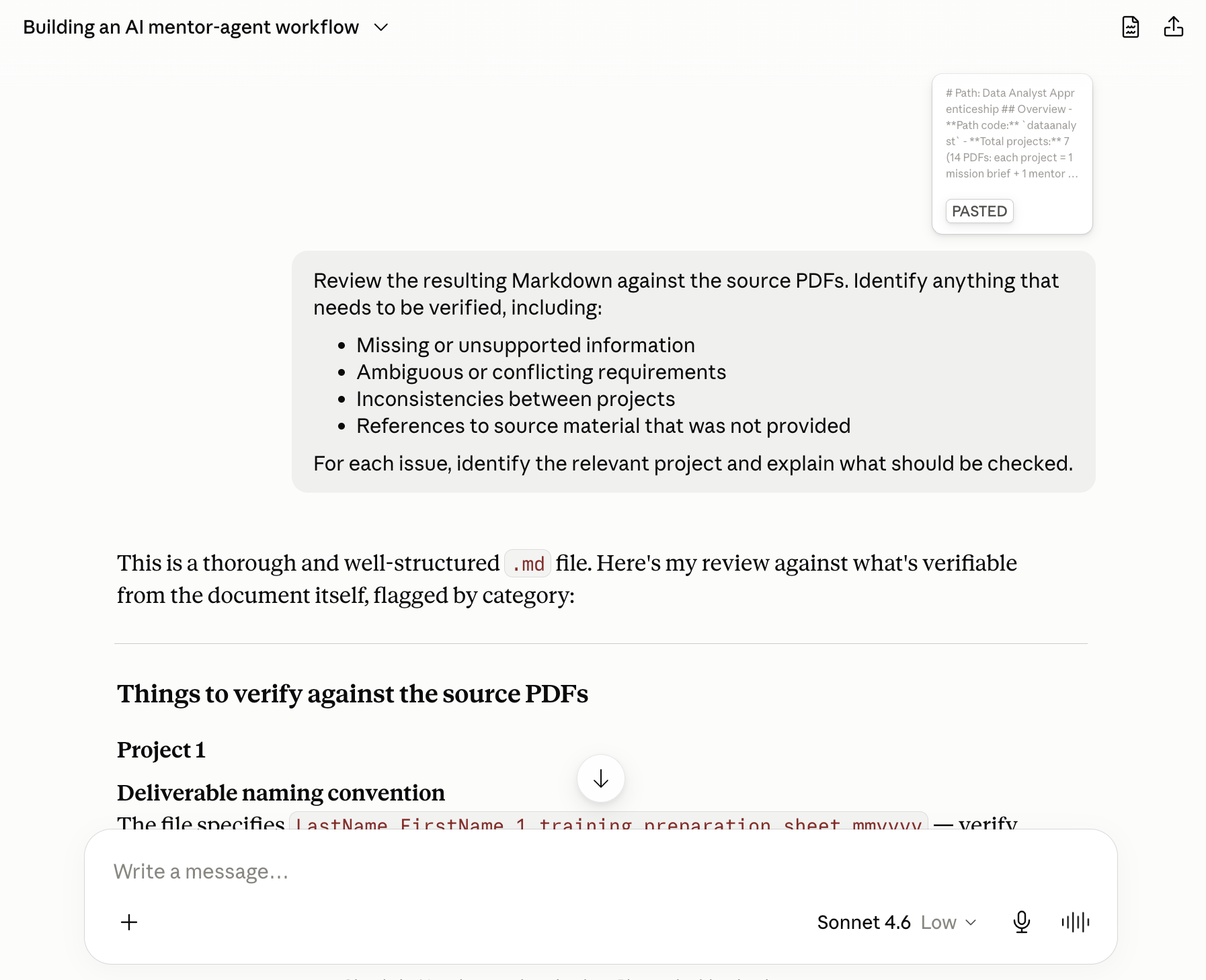 A Claude Desktop conversation: the synthesized Data Analyst Apprenticeship
                     Markdown pasted in, followed by a prompt asking Claude to flag missing
                     information, ambiguous requirements, and unverified references against
                     the source PDFs.