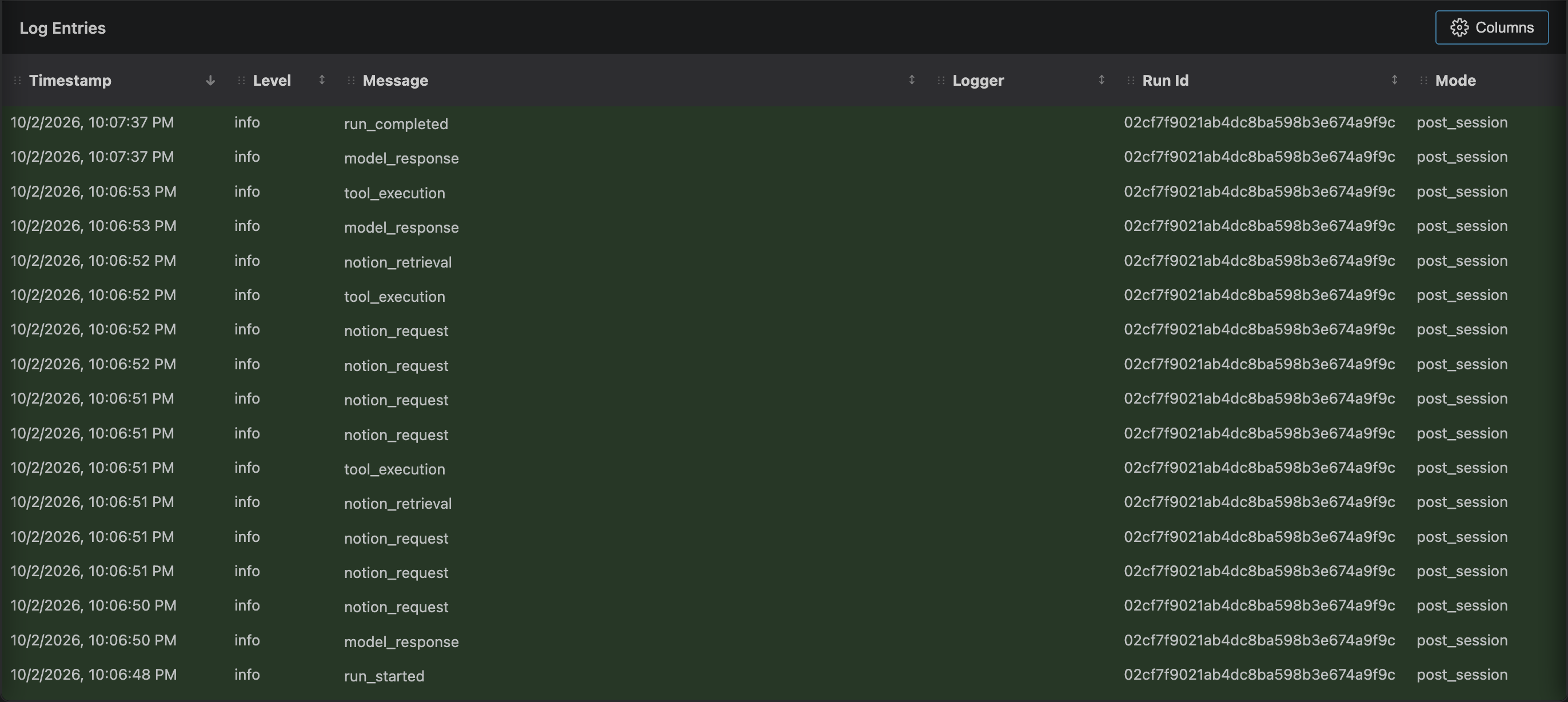 Run trace showing model requests, retrieval, tool execution, and completion events